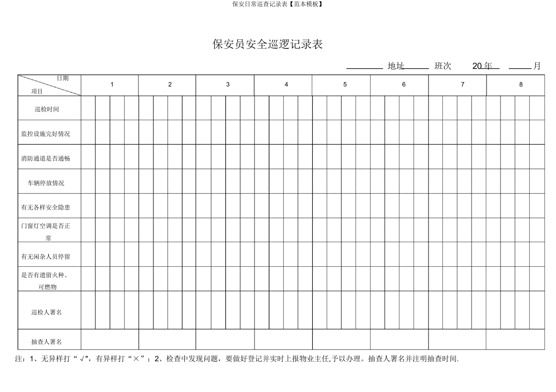 保安日常巡查记录表【范本模板】