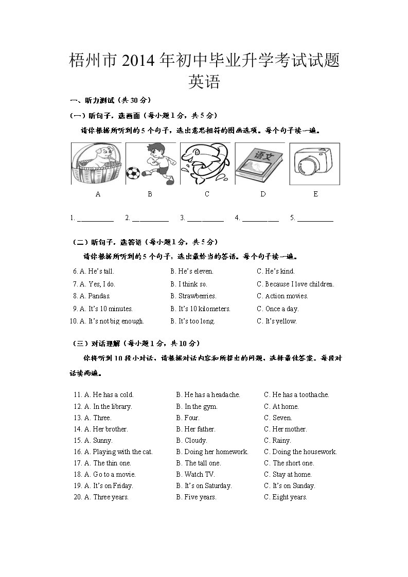 梧州市初中毕业升学考试试题英语