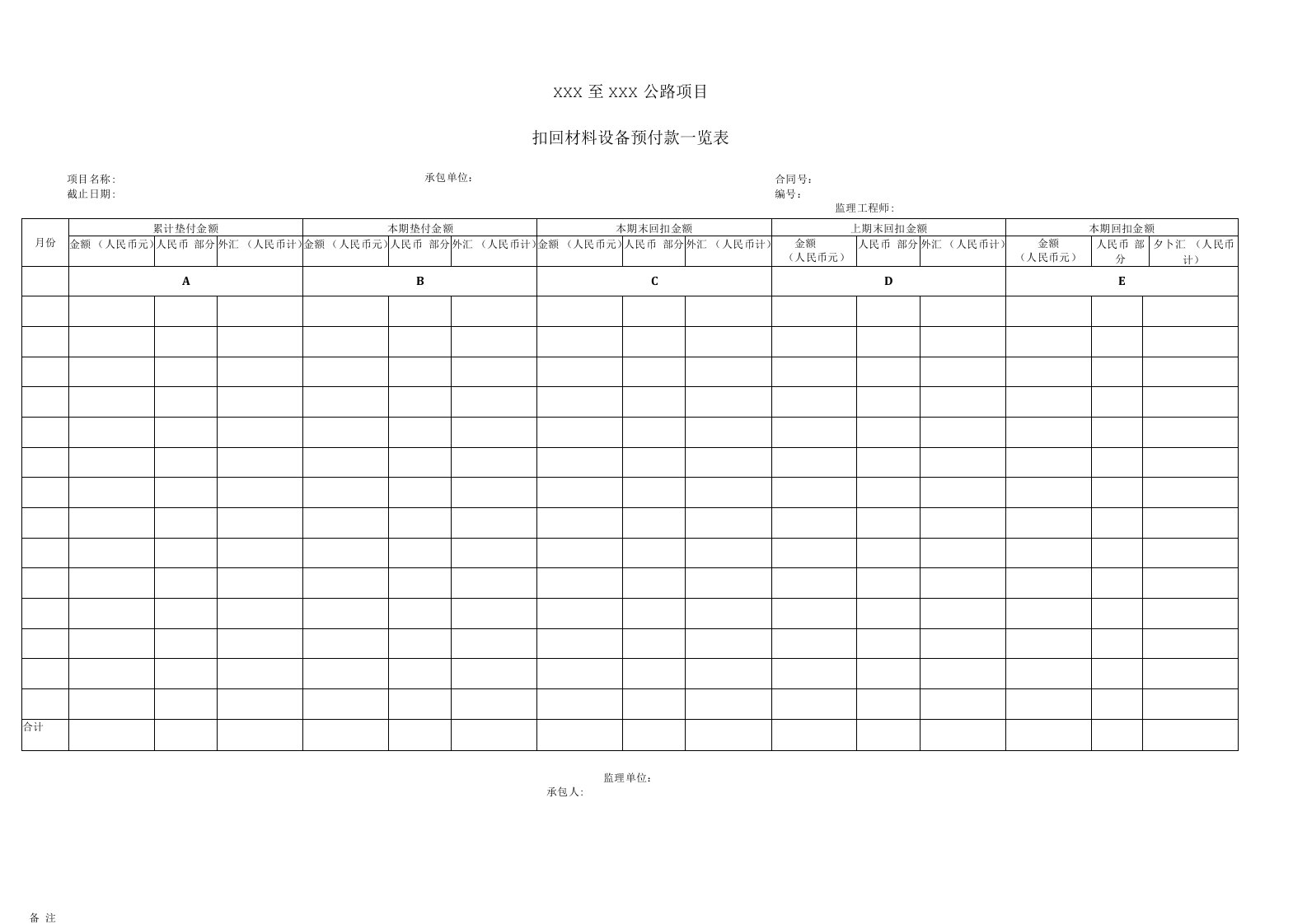 扣回材料设备预付款一览表