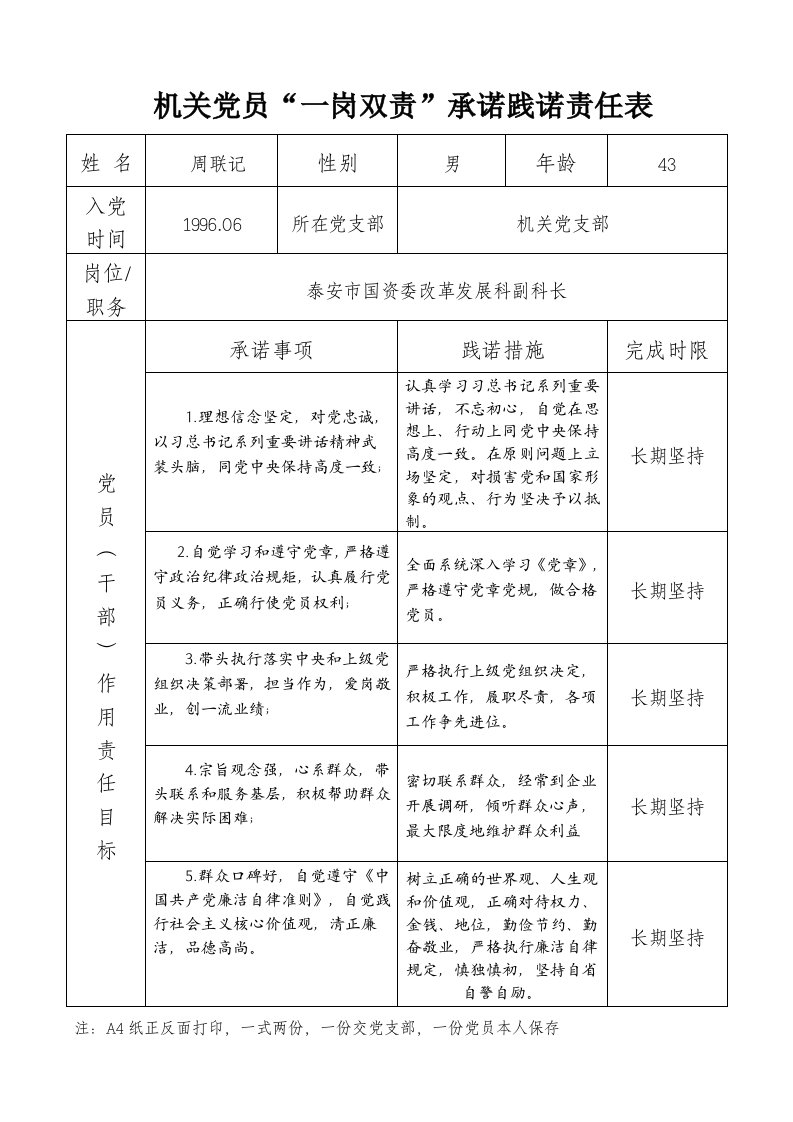 机关党员“一岗双责”承诺践诺责任表