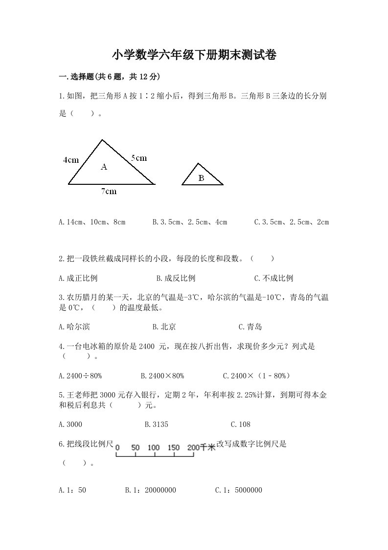 小学数学六年级下册期末测试卷附完整答案（易错题）