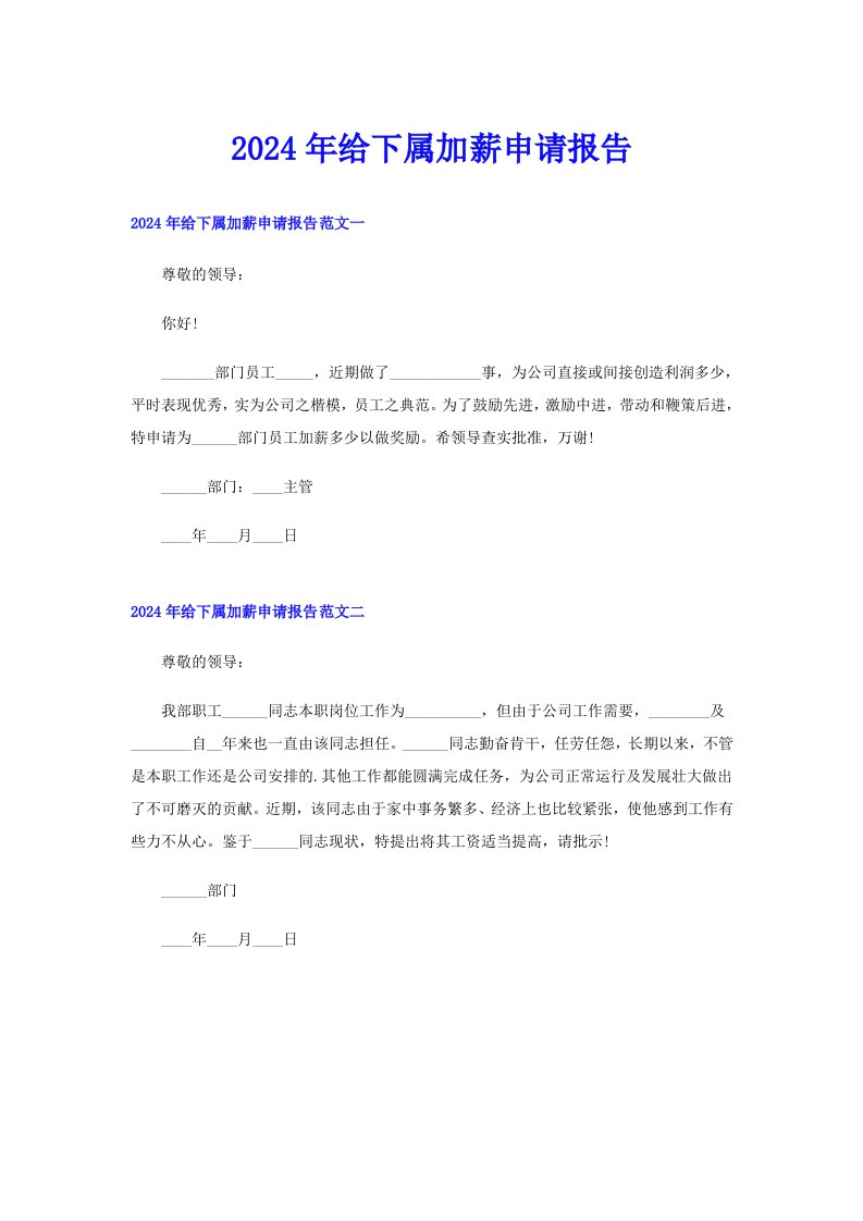 2024年给下属加薪申请报告