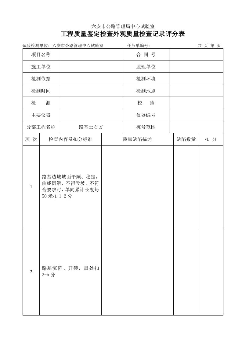 工程质量鉴定检查外观质量检查记录评分表