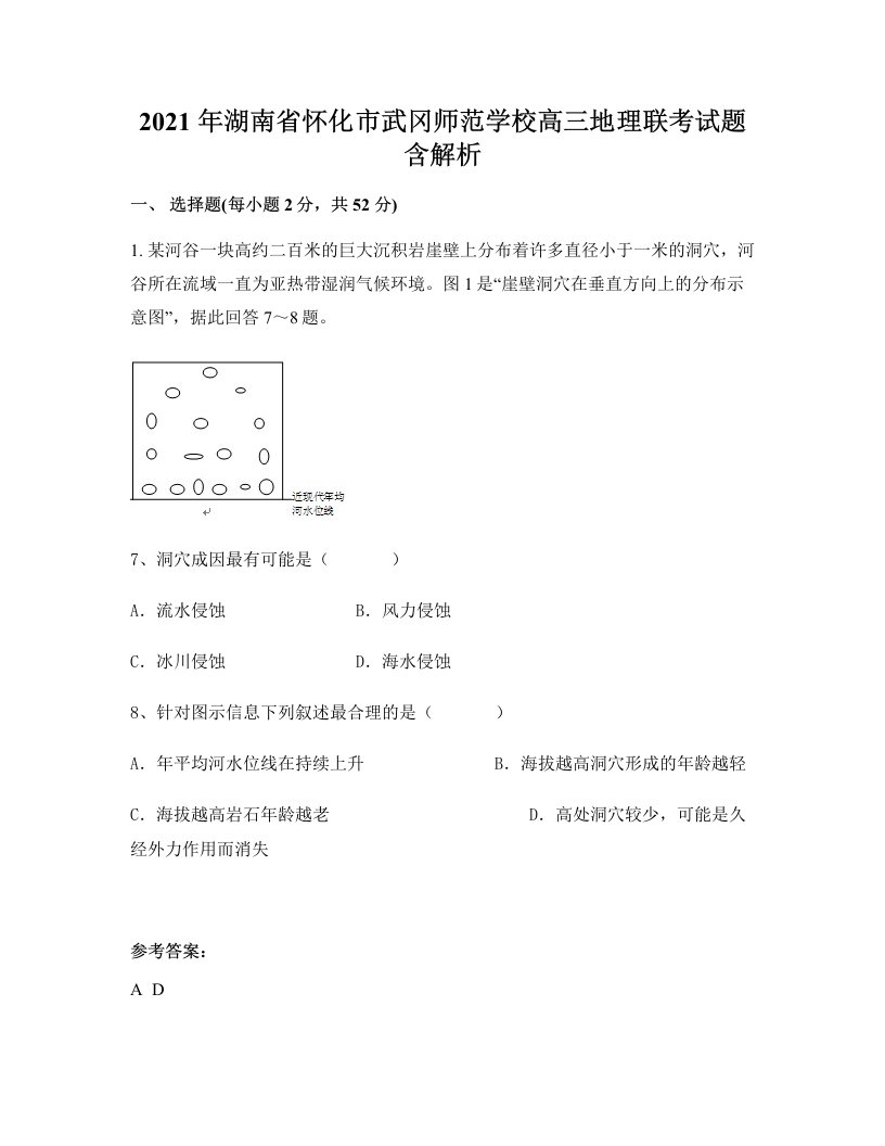 2021年湖南省怀化市武冈师范学校高三地理联考试题含解析