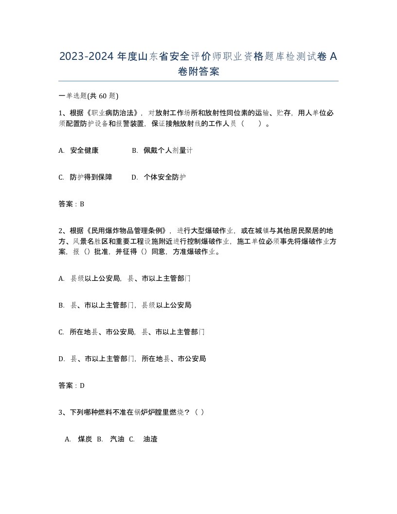 2023-2024年度山东省安全评价师职业资格题库检测试卷A卷附答案