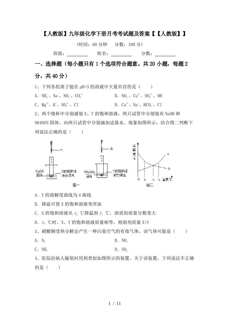 人教版九年级化学下册月考考试题及答案人教版