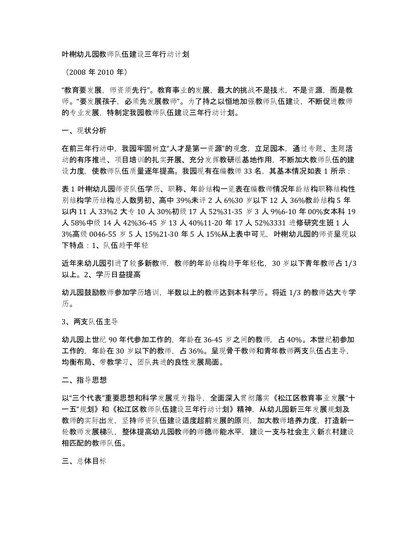 叶榭幼儿园教师队伍建设三年行动计划