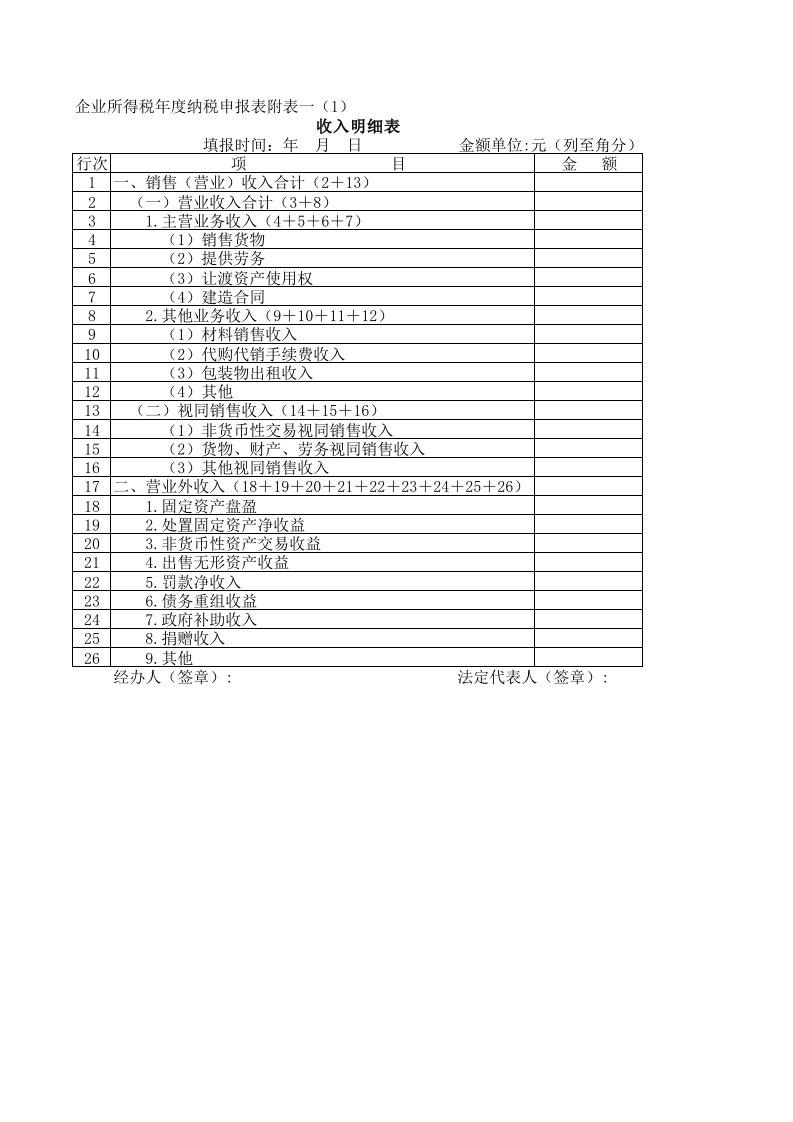 01企业所得税年度纳税申报表附表一(1)收入明细表