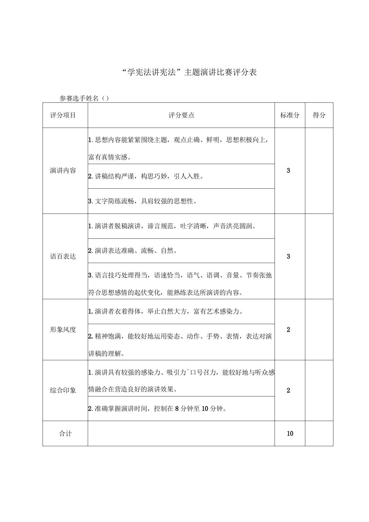 演讲比赛评分表计分表