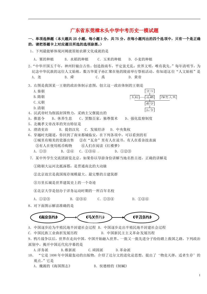 广东省东莞樟木头中学中考历史一模试题