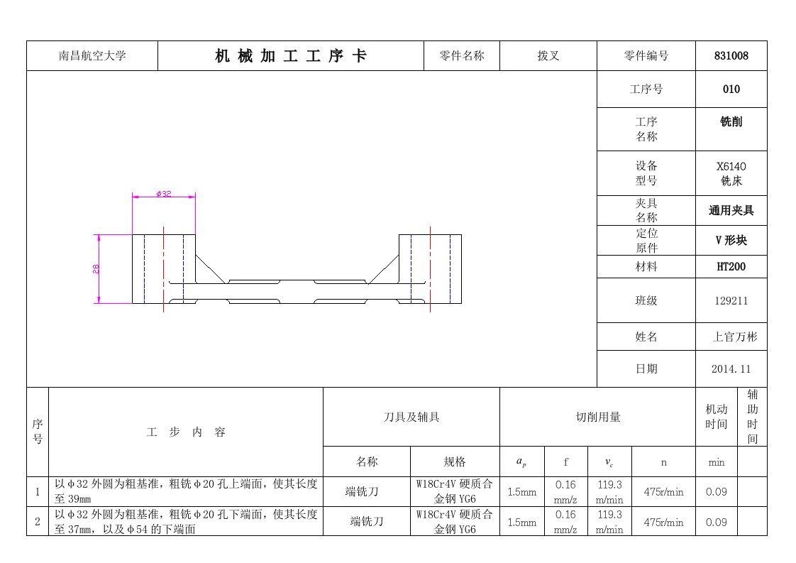 ca6140车床拨叉831008工序卡片