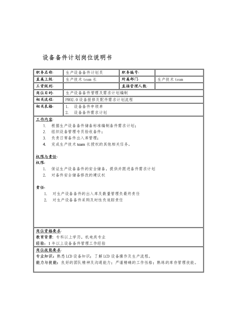 联信光电子公司生产技术team设备备件计划岗位说明书