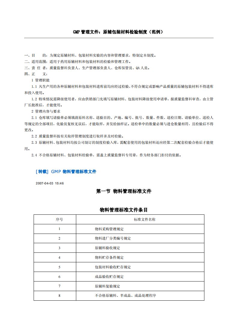 GMP管理文件：原辅包装材料检验制度（范例）