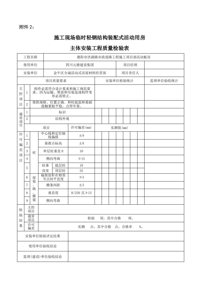 活动板房质量验收资料样稿