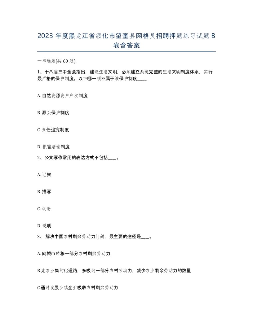 2023年度黑龙江省绥化市望奎县网格员招聘押题练习试题B卷含答案