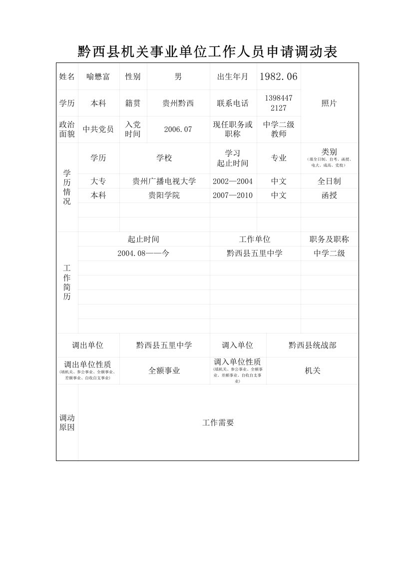 黔西县机关事业工作人员调动申请表