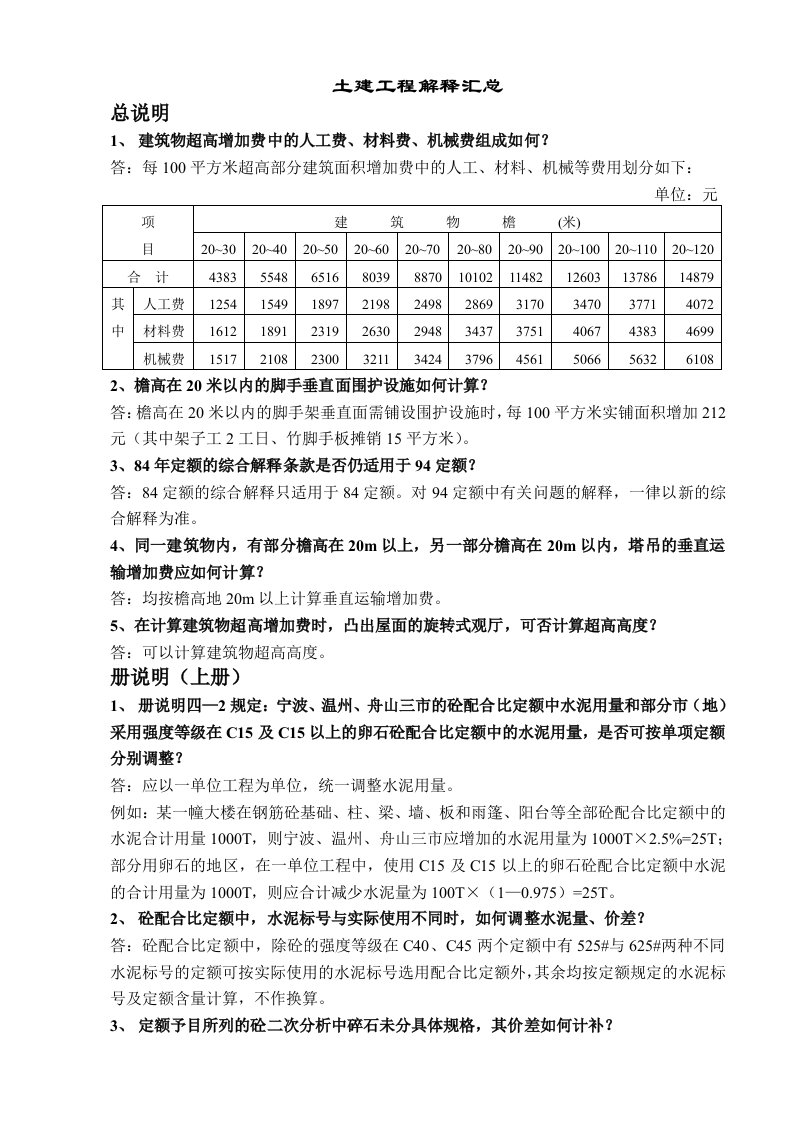 土建工程解释汇总定额解释