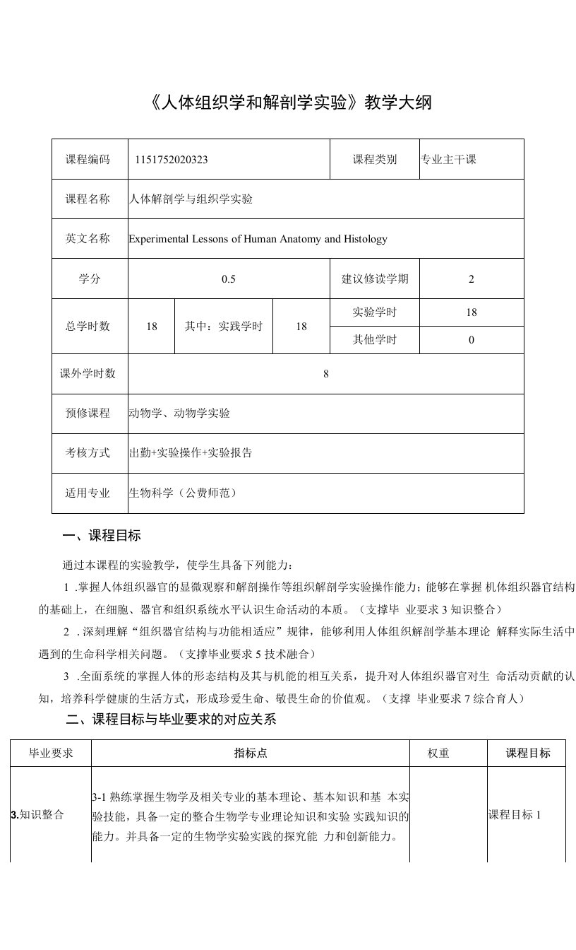 人体组织学和解剖学实验（公费师范）