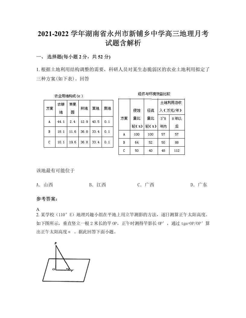 2021-2022学年湖南省永州市新铺乡中学高三地理月考试题含解析