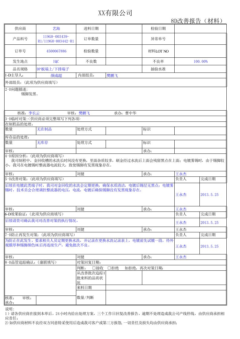 板端上下排锡脚发黑改善报告表excel模版下载