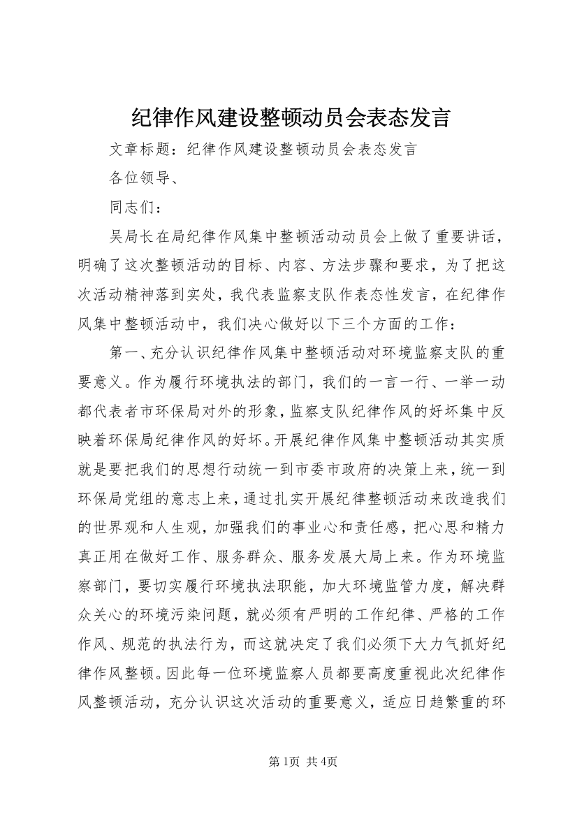 纪律作风建设整顿动员会表态发言