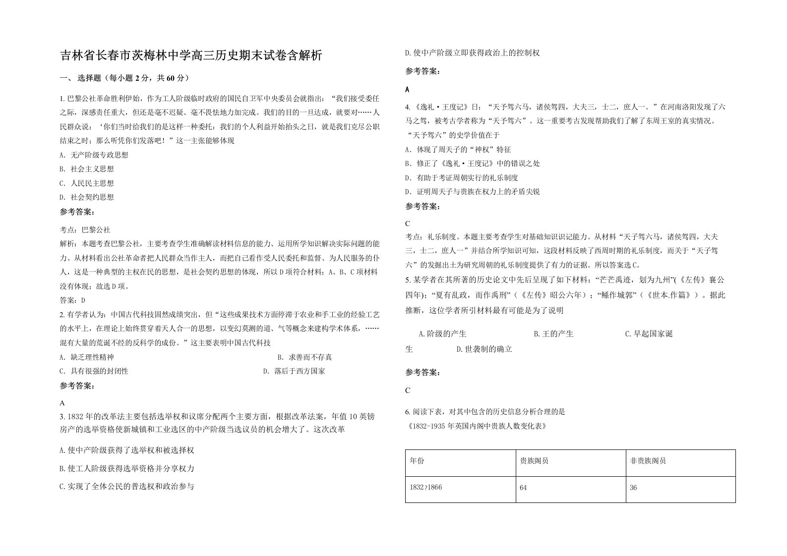 吉林省长春市茨梅林中学高三历史期末试卷含解析