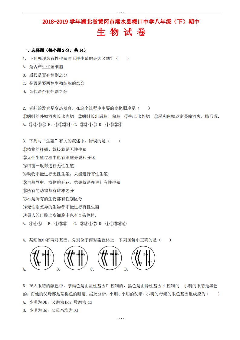 人教版生物八年级下学期期中试卷(含配套答案)6