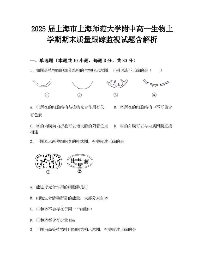 2025届上海市上海师范大学附中高一生物上学期期末质量跟踪监视试题含解析