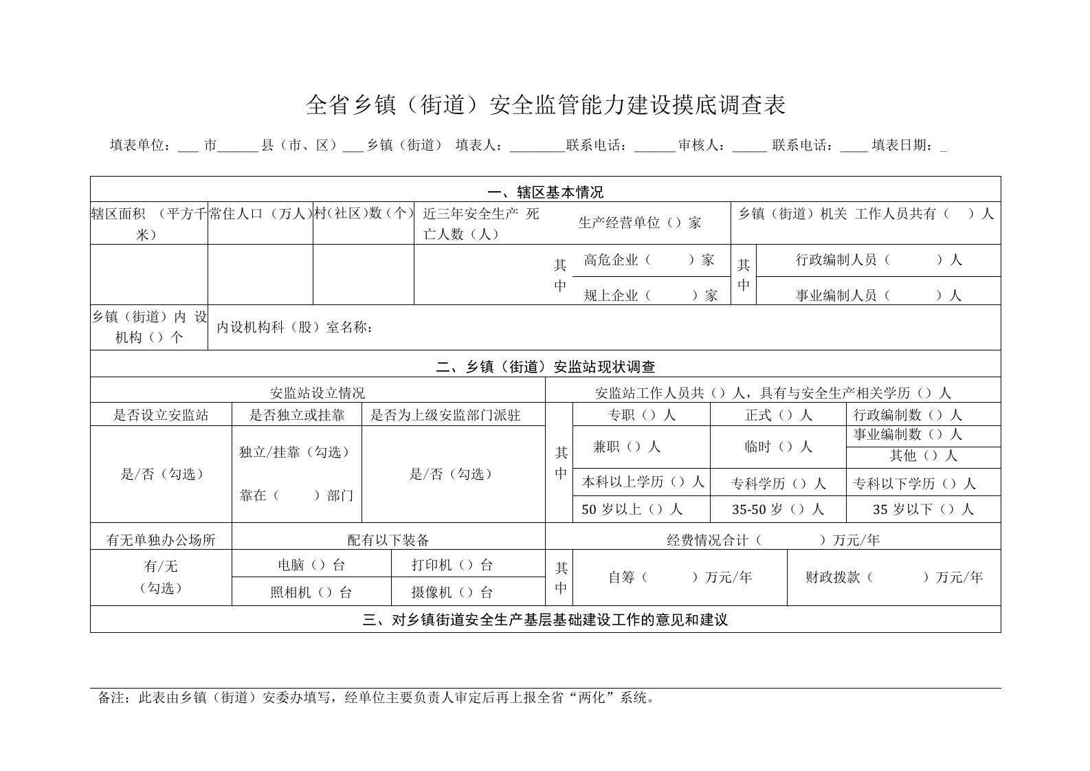 全省乡镇街道安全监管能力建设摸底调查表