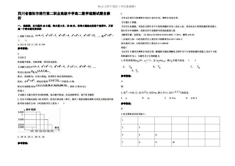 四川省德阳市绵竹第二职业高级中学高二数学理测试题含解析