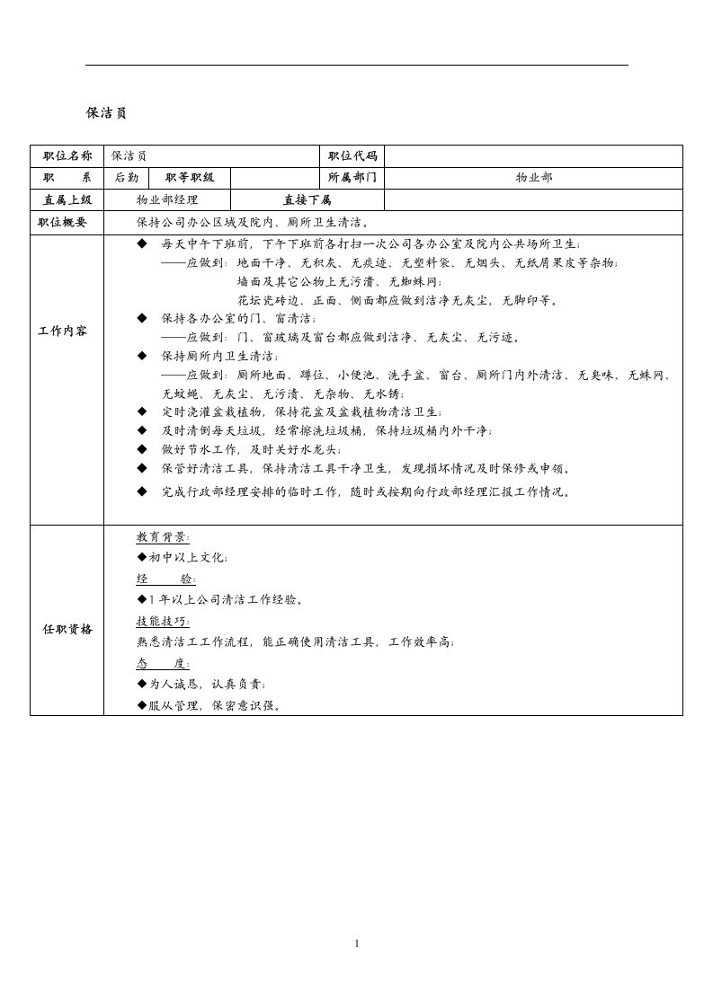 某物业管理企业保洁员岗位职责