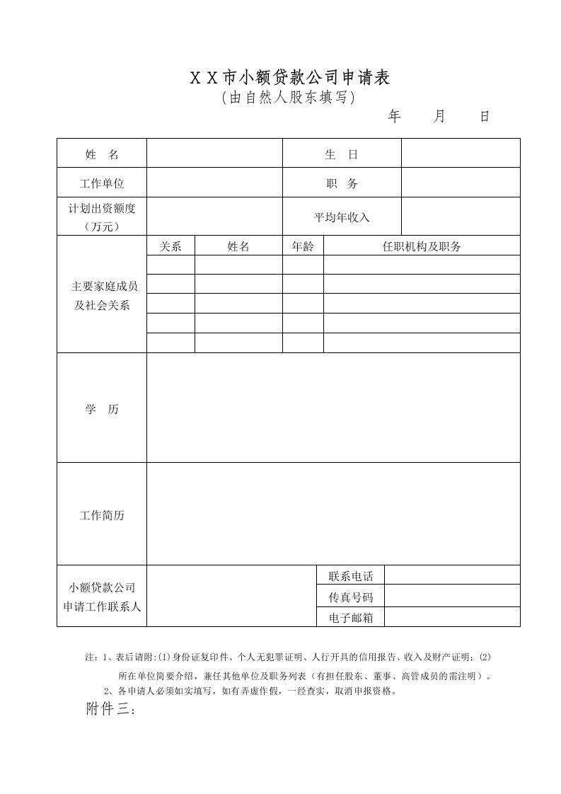 小额贷款公司申请审批表自然人股东