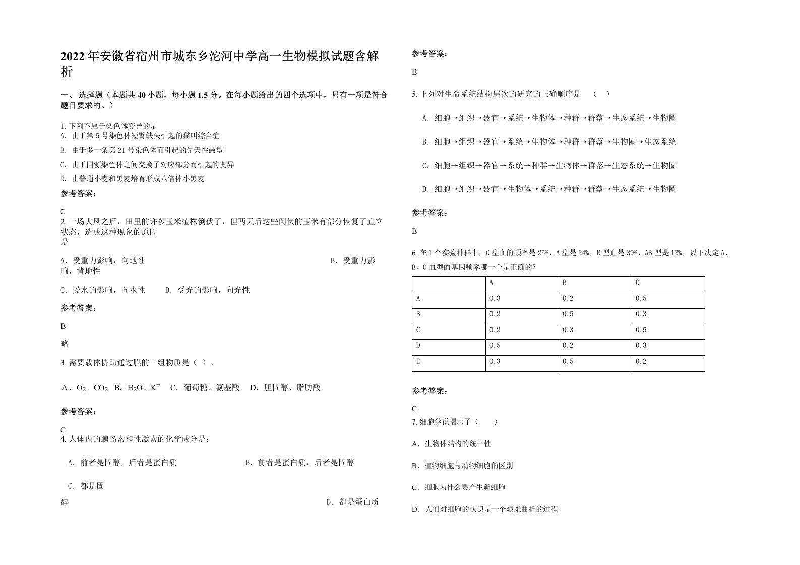 2022年安徽省宿州市城东乡沱河中学高一生物模拟试题含解析