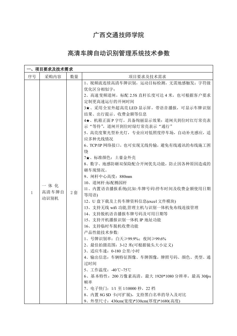 广西交通技师学院高清车牌自动识别管理系统技术参数项目要求