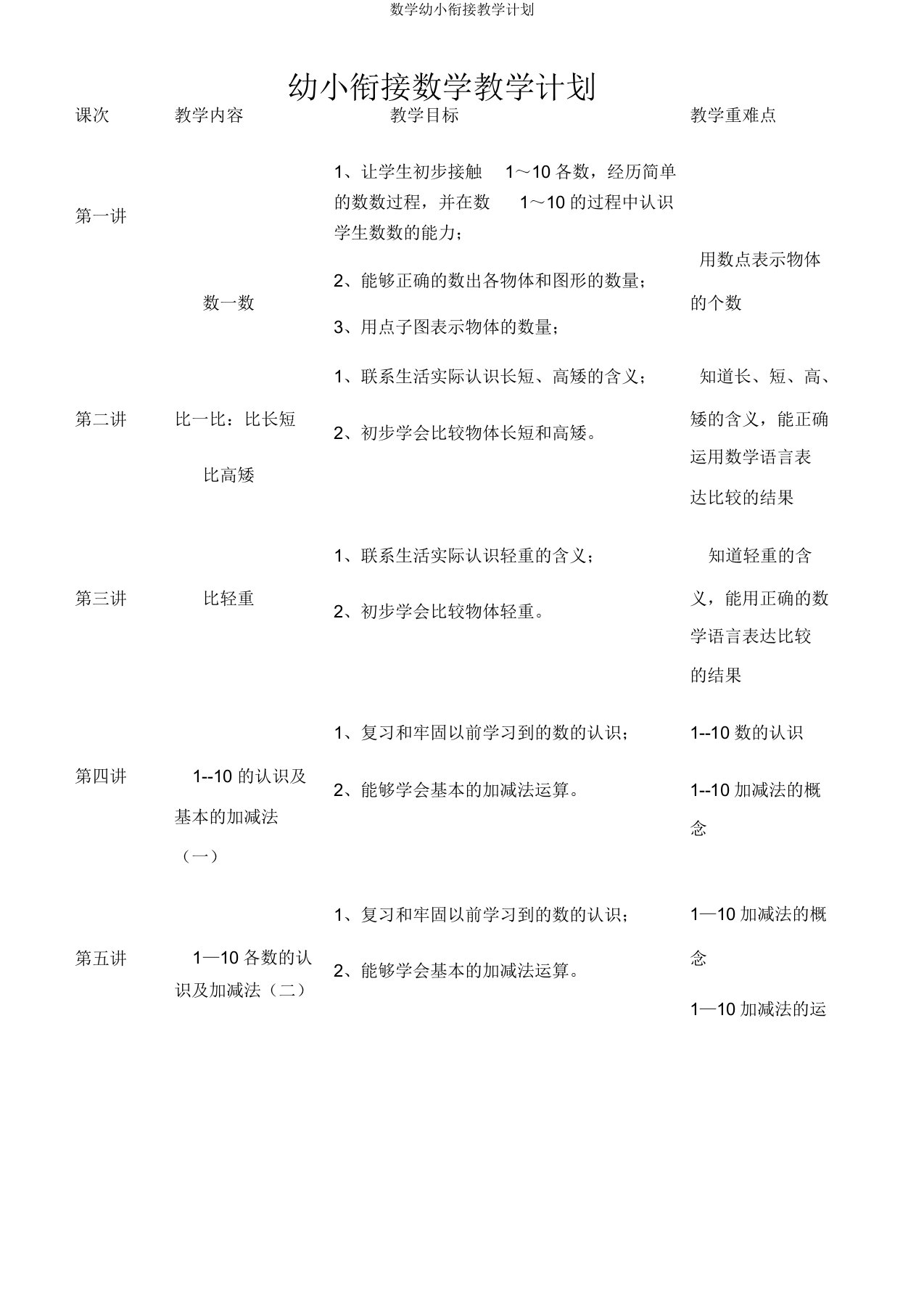 数学幼小衔接教学计划