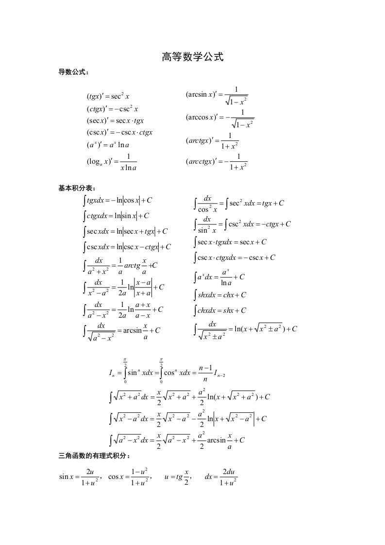 考研数学一公式集锦