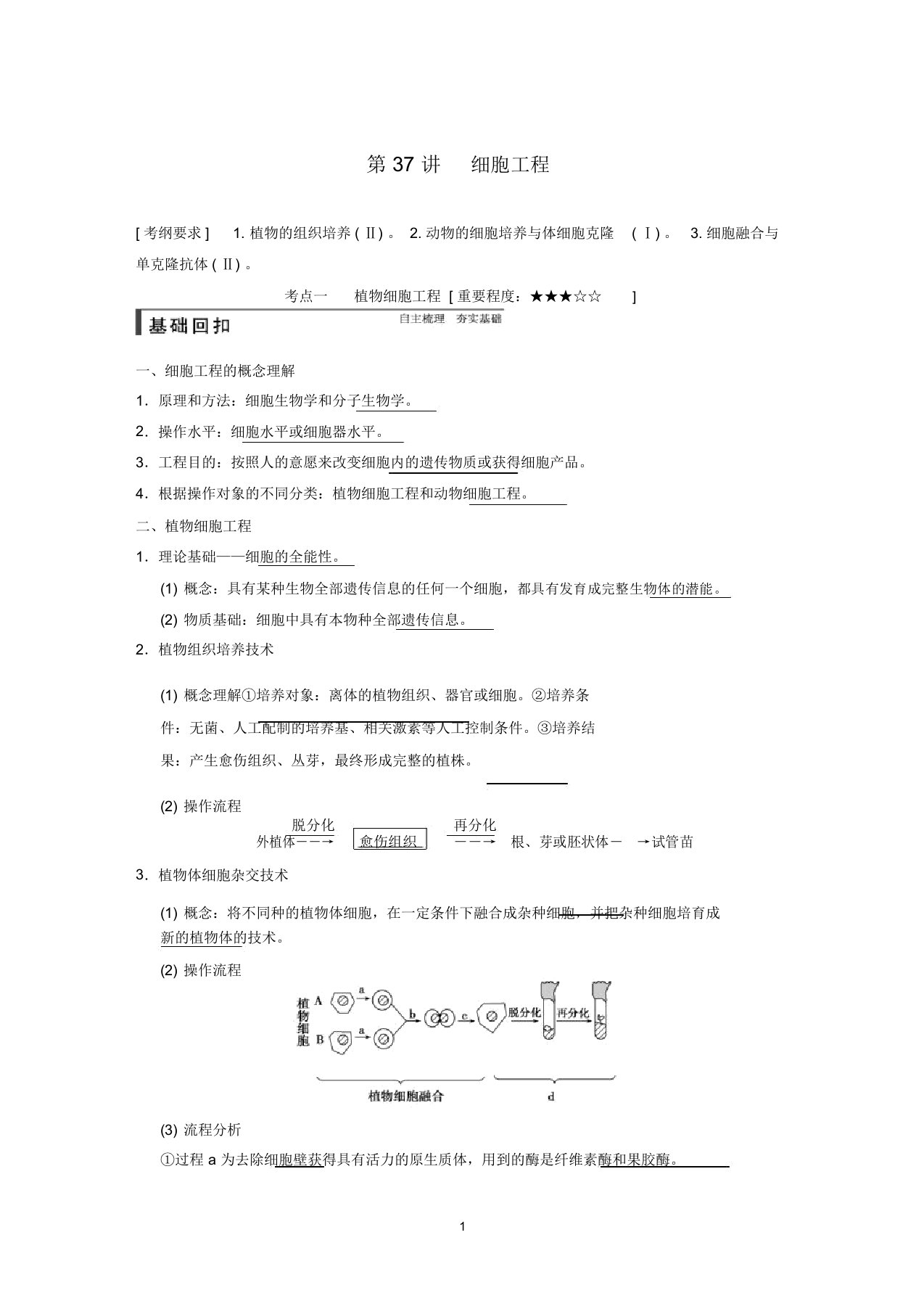 【步步高】高考生物一轮总复习精品名师精编讲义第37讲细胞工程新人教版