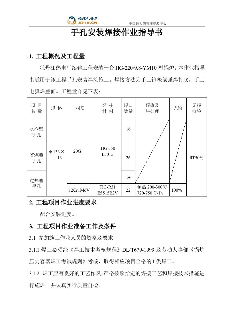 手孔安装焊接作业指导书(doc)-作业指导