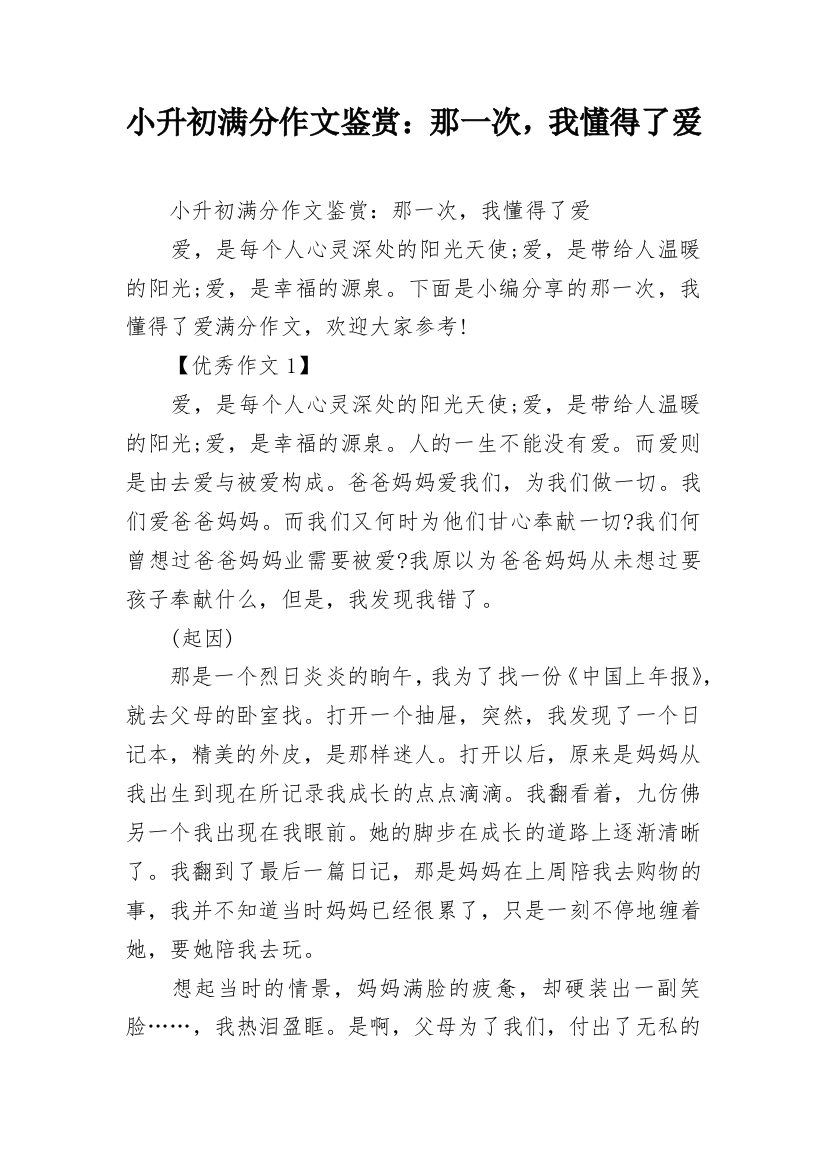 小升初满分作文鉴赏：那一次，我懂得了爱