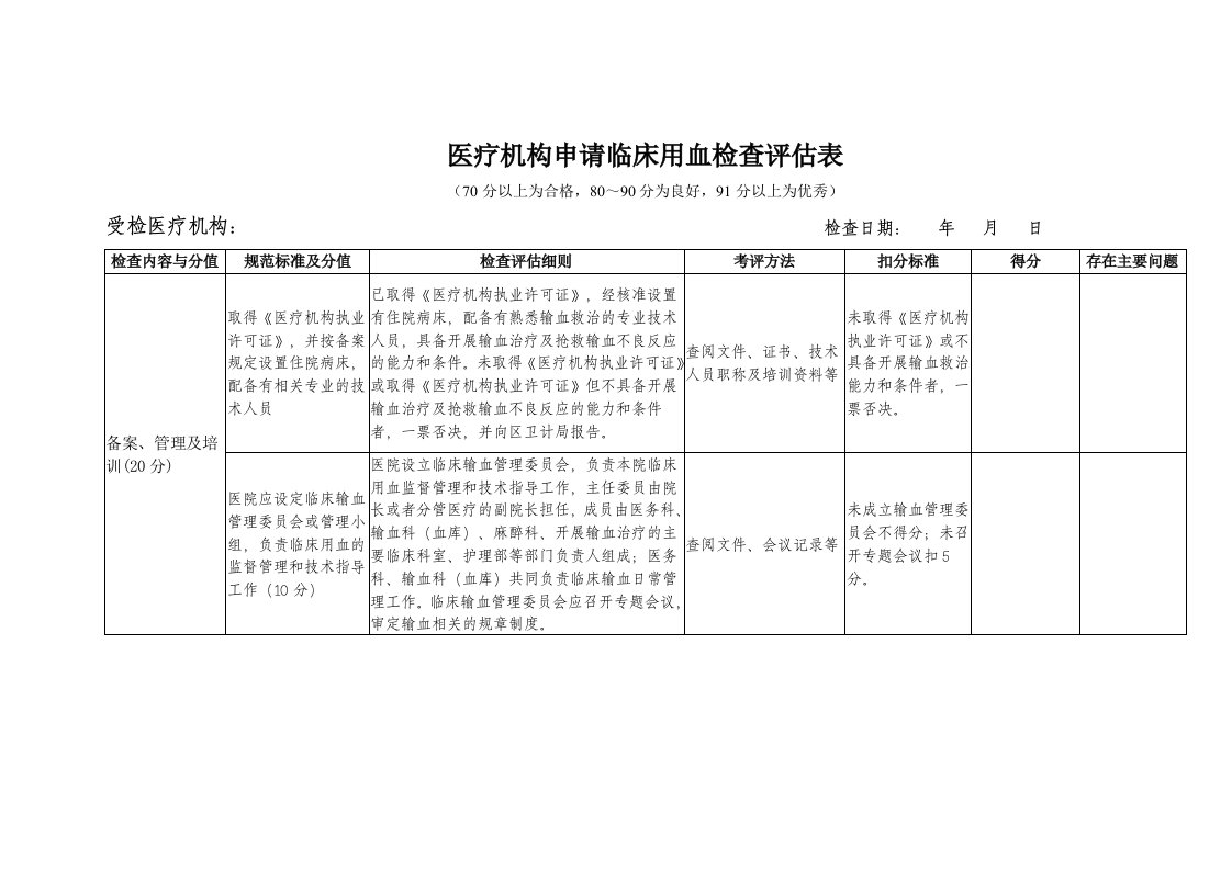 血库成立检查验收表