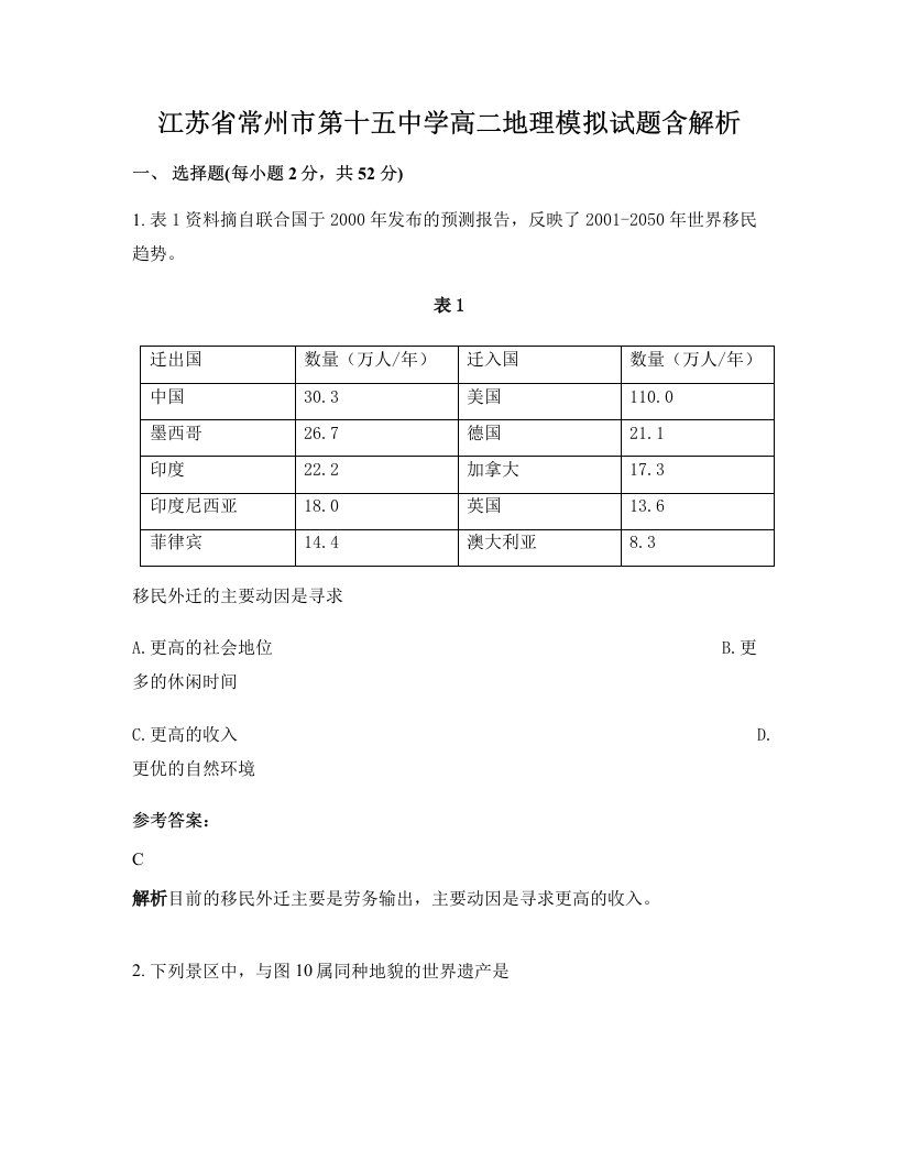 江苏省常州市第十五中学高二地理模拟试题含解析