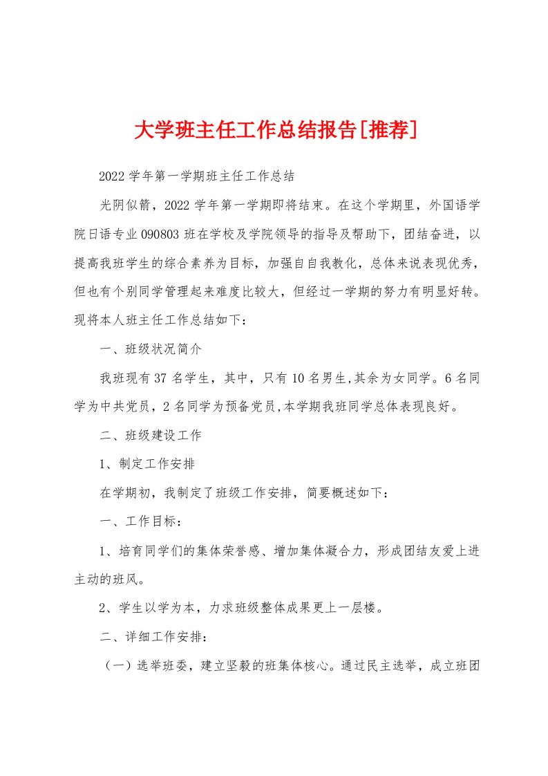 大学班主任工作总结报告[推荐]