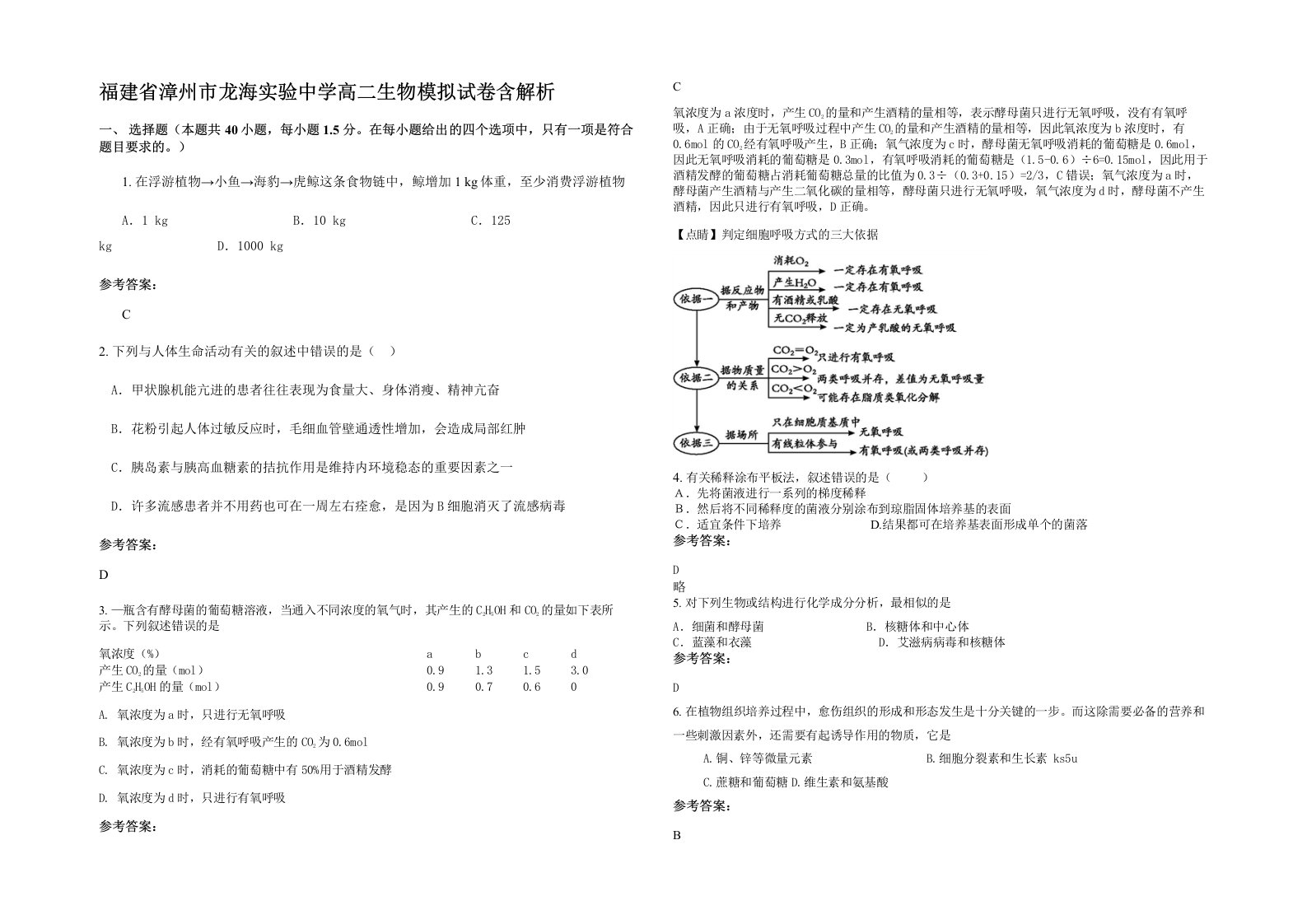 福建省漳州市龙海实验中学高二生物模拟试卷含解析