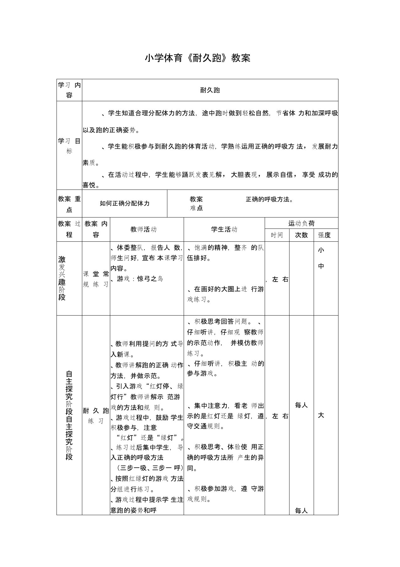 小学体育《耐久跑》教案