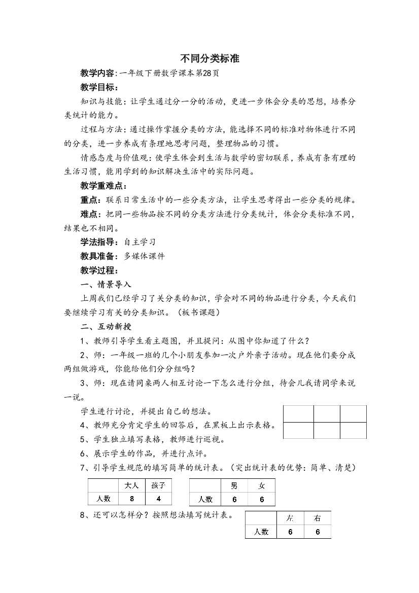 小学数学人教一年级不同分类标准