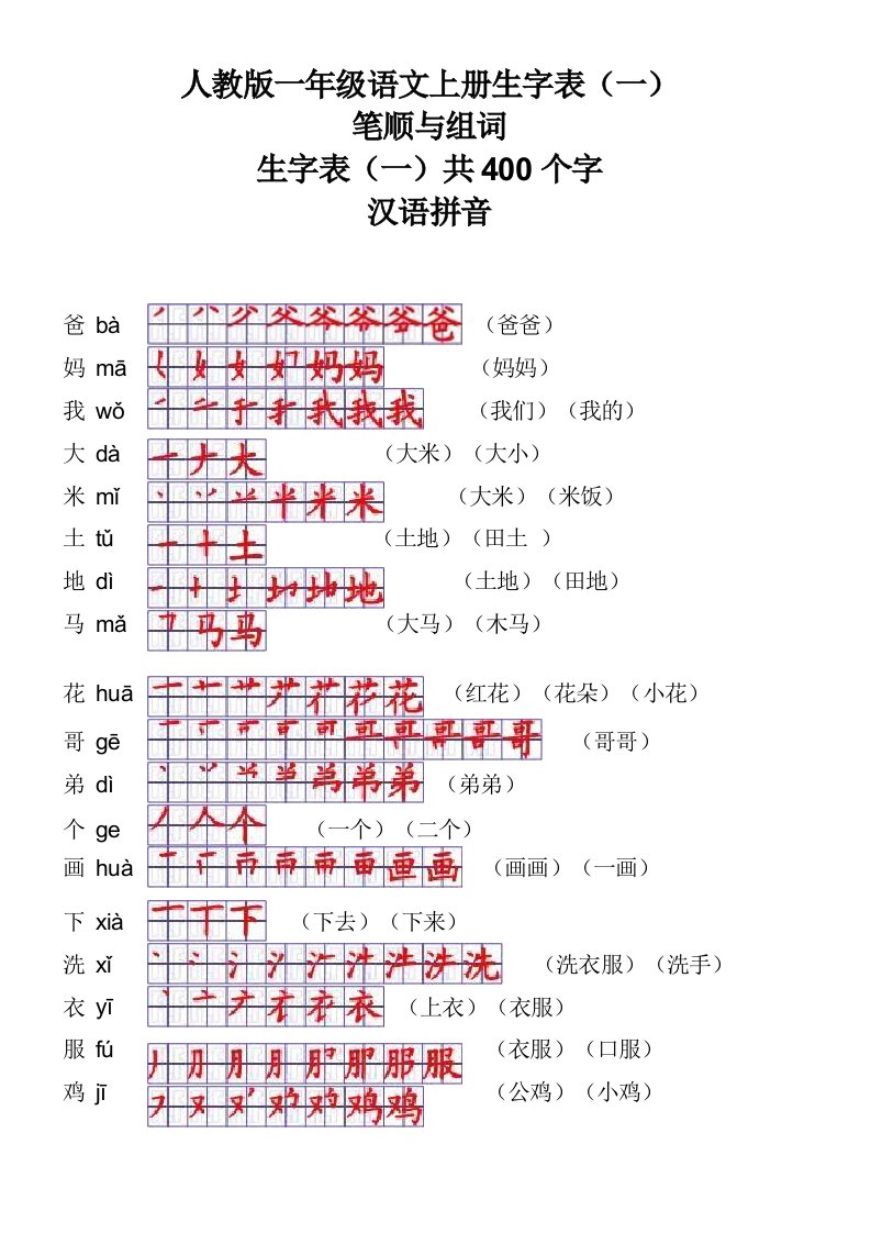 一年级语文上册生字表笔顺表及组词