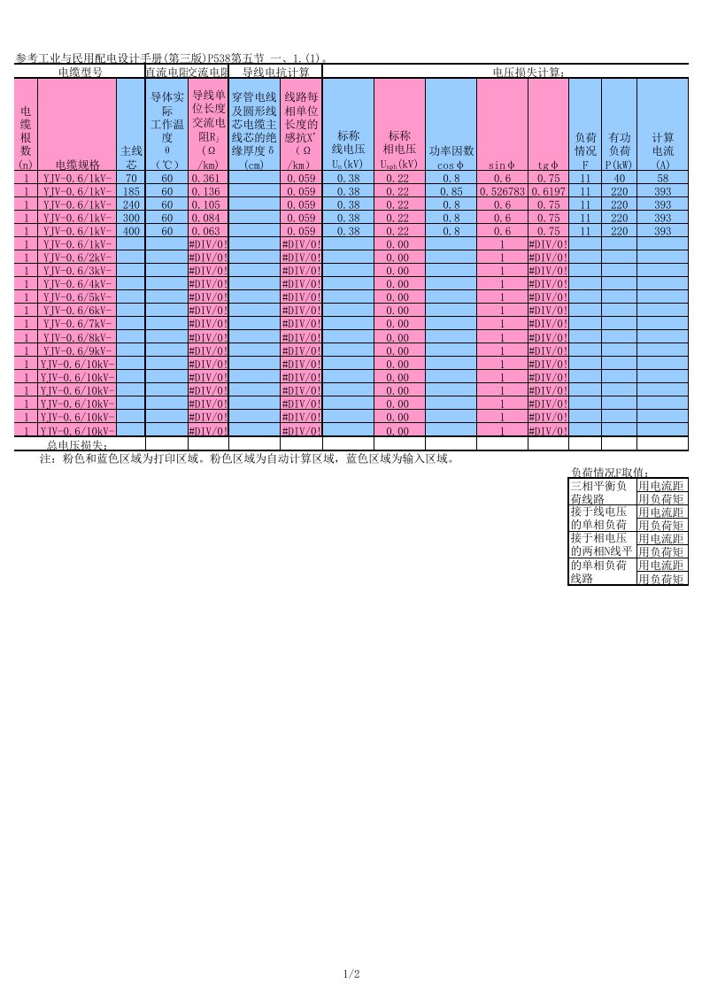 电缆电压降自动计算表