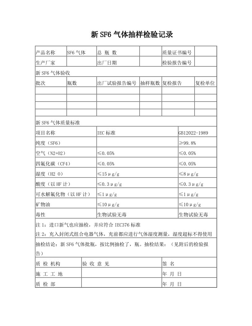 新SF6气体抽样检验记录