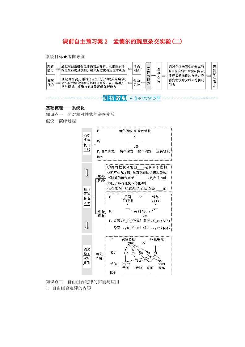 2024版新教材高考生物全程一轮总复习第五单元遗传的基本规律课前自主预习案2孟德尔的豌豆杂交实验二