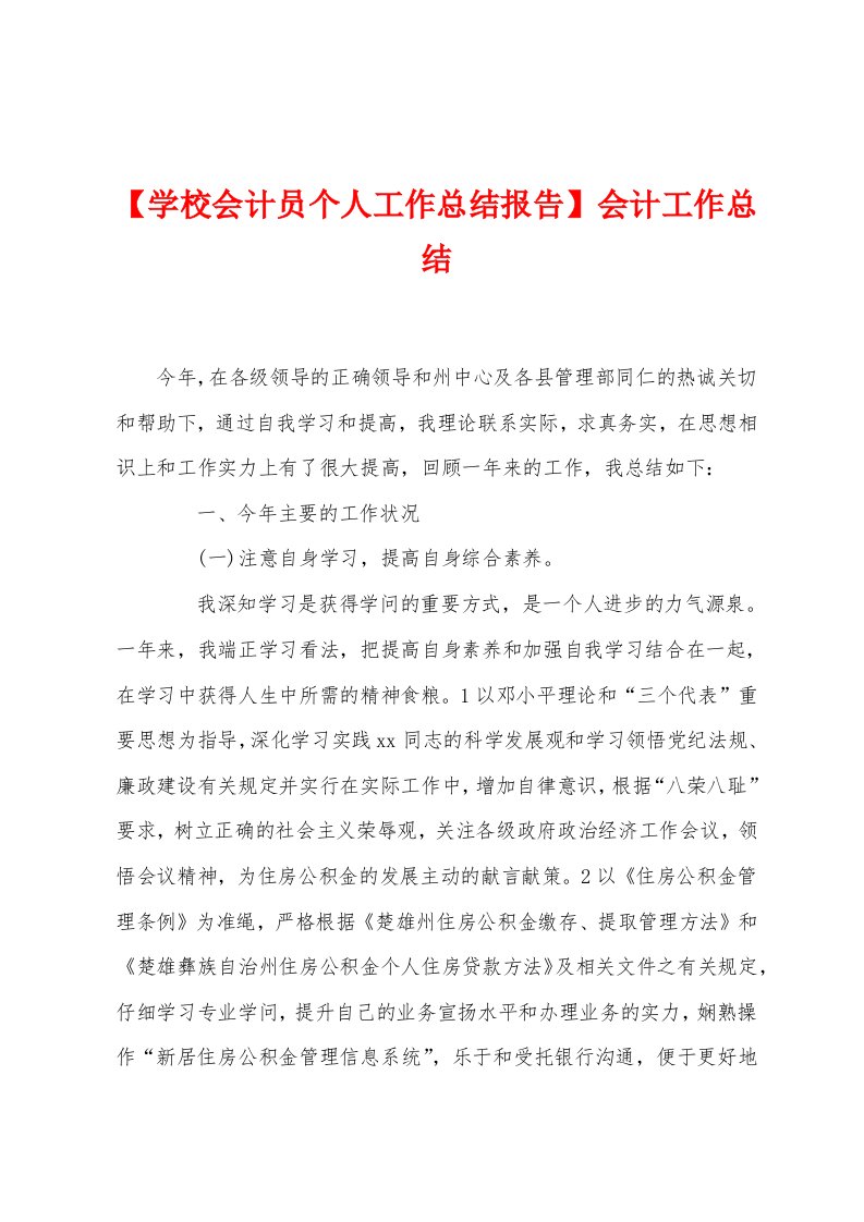 【学校会计员个人工作总结报告】会计工作总结